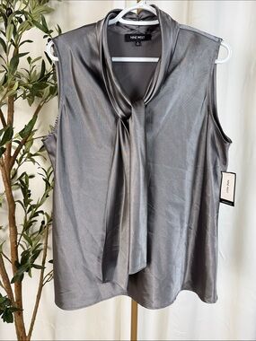 NWT Nine West Metallic Shimmery Silver Tie-Neck Sleeveless Blouse Sz XL (T3)